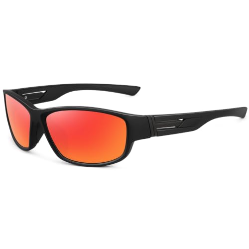 Sports Sunglasses for Men Women Polarized Classic Wrap Around Driving Cycling Golf Fishing Sun Glasses UV Protection 1 (1-black/Red Mirror Lens)