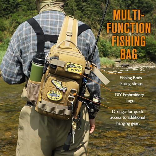 Small Fishing Backpack with Tackle Boxes Fishing Sling Bag DIY Embroidery Patches Tackle Bag Gift for Men Khaki (A: Fishing Tackle Backpack(khaki))