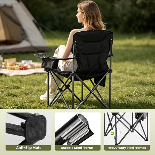 Portable Padded Camping Chair for Adults Heavy Duty 450LBS Thick 600D Oxford Fabric Outdoor Oversized Camping Chairs with Cup Holder and Ice Bag for Sports