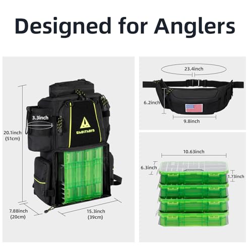 43L Fishing Tackle Backpack with 4 Tackle Boxes & Rod Holder