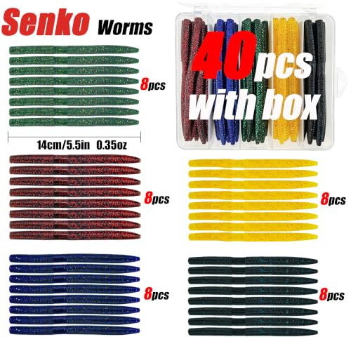40PCS 5.5" Senko Worms for Bass Fishing Kit (Set B (40pcs-5.5in/0.35oz))