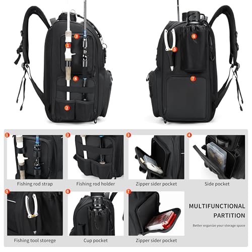 Fishing Tackle Backpack with Rod Holders (Black)
