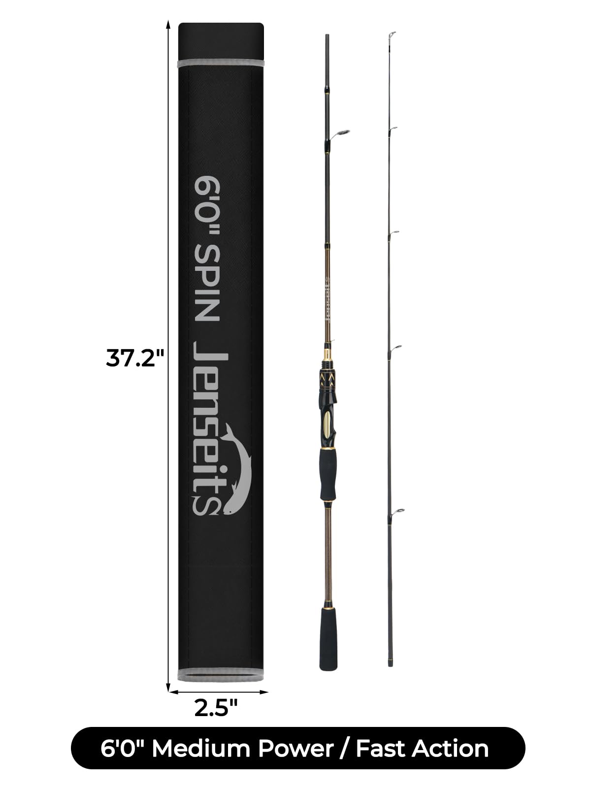 6Ft Spinning Fishing Rod (6'0"-Medium-Fast-Black)