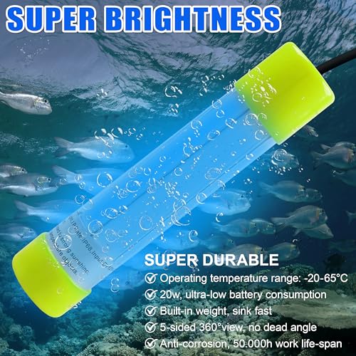 Underwater Fishing Light 20W 16000 Lumens 12V Super Bright LED Submersible Fish Bait Finder Lamp Deep Drop Night Fishing Attracting Light for Snook Crappie Squid Shrimp Prawns Boat Dock