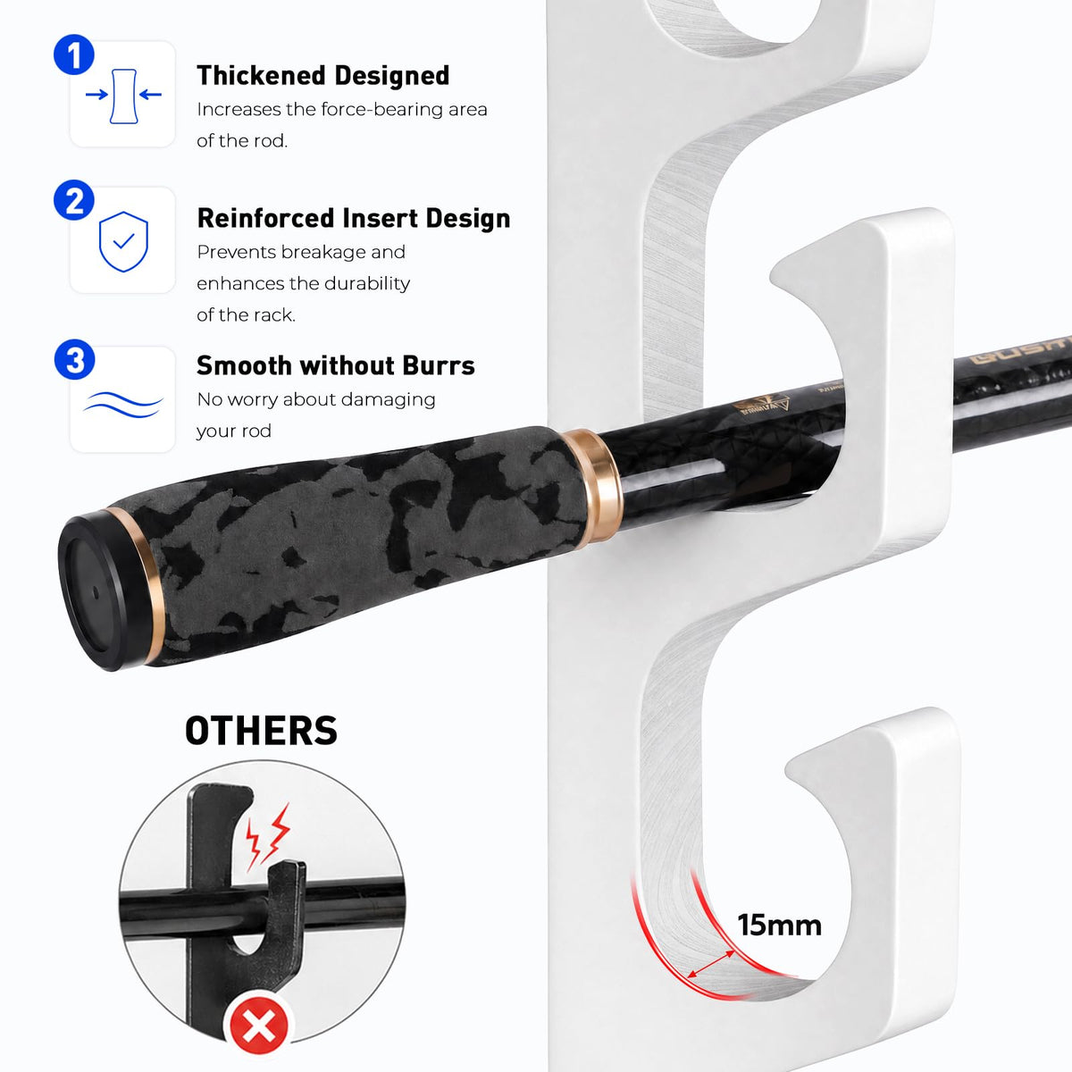 H5W Solid Wood Fishing Rod Holder (White / 2packs holds up 10 rods)