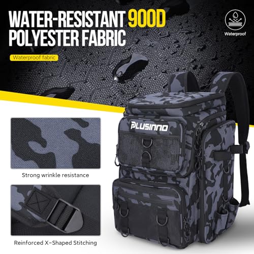 Fishing Backpack with Tackle Boxes (Black Camouflage With Tools)