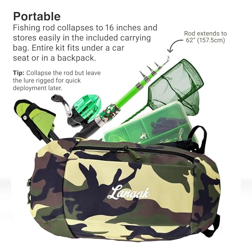 Beginner Kids Fishing Pole & Tackle Box (Camo Green / 1.2m or 3.9FT)