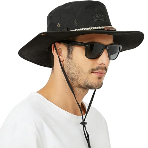 Waterproof Wide Brim Bucket Sun Hat Boonie Hat for Men & Women D Black (D Black)
