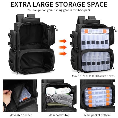 Fishing Tackle Backpack with Rod Holders (Black)