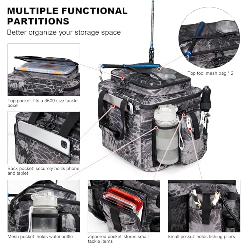 Fishing Tackle Bag with Rod Holders & Cooler Main Compartment (Camouflage Black)
