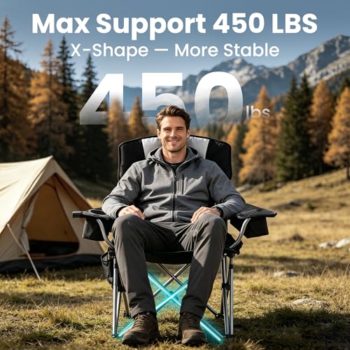 Oversized Camping Chairs for Adults 2 Pack Heavy Duty 450LBS Thick 600D Oxford Fabric Outdoor Folding Camping Chairs with Cup Holder and Ice Bag for Sports (Black & Light Gray)