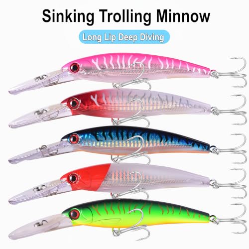 Long Lip Deep Diving Sinking Trolling Minnow (Green Tiger / 4.13oz/7.87")