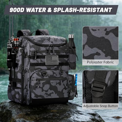 40L Tackle Fishing Backpack with 2 Rod Holders (Black Camo)