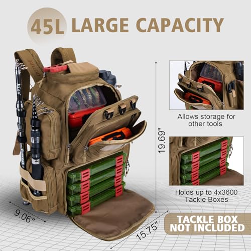 Fishing Tackle Backpack with 2 Rod Holders & Rain Cover (45L Khaki with Bottle Holder)