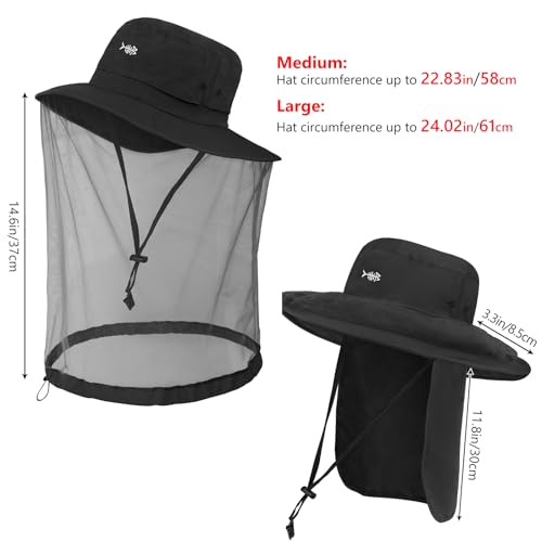 UPF 50+ Mosquito Net Hat with Stowable Neck Flap for Men Women Outdoor Fishing Hiking Camping Gardening FH17 Black (Medium / Black)