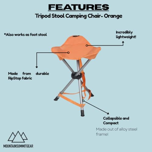 Tripod Stool Camping Chair featuring a lightweight and portable design made from RipStop fabric (Orange)