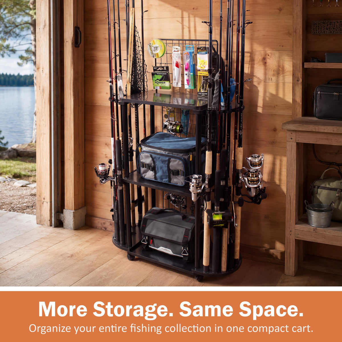 18 Rod Rolling Fishing Storage Cart (Black / 18-Rod tackle cart)