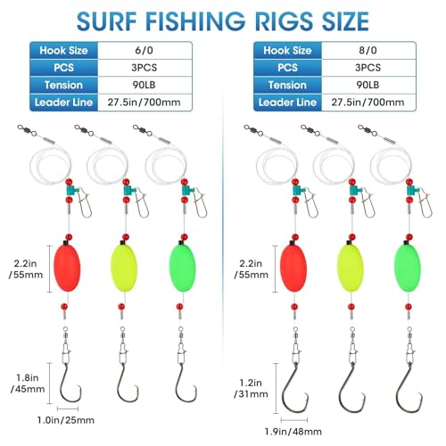3/6PCS Pre-Tied Fish Finder Rig for Surf Fishing Saltwater Fish Finder Rigs for Shark Bluefish Stripers Bass Surf Fishing Tackle & Gear with 90LB Leader Line, Float, Circle Hook 6/0 8/0