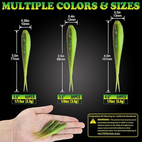 Soft Plastic Baits Forked Tail Fishing Soft Bait for Bass Walleye Trout Crappie Lures Green Flash (Green Flash / 3in-40pcs)