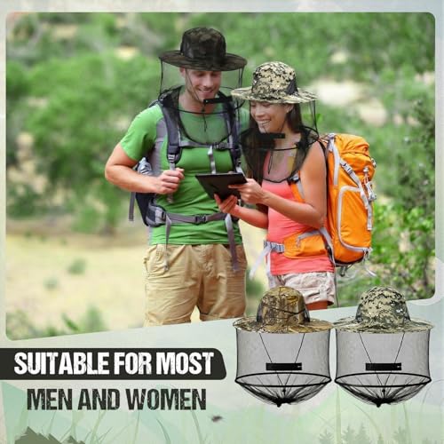 8 Pcs Mosquito Head Net Hat Sun Hat Mesh Fishing Bucket Cap Garden Bug Cap Face Cover with Zipper for Men Women (Camo Colors)