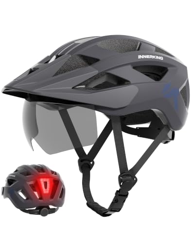 Adult Bike Helmet Rear Light & OTG Magnetic Goggles for Men Women (Grey / Medium)