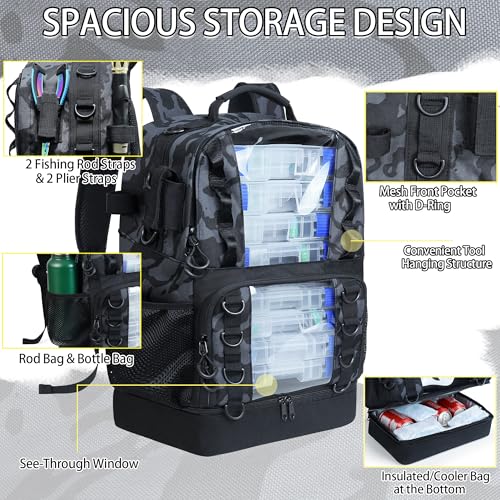 Fishing Tackle Backpack with Cooler (Camouflage Black)