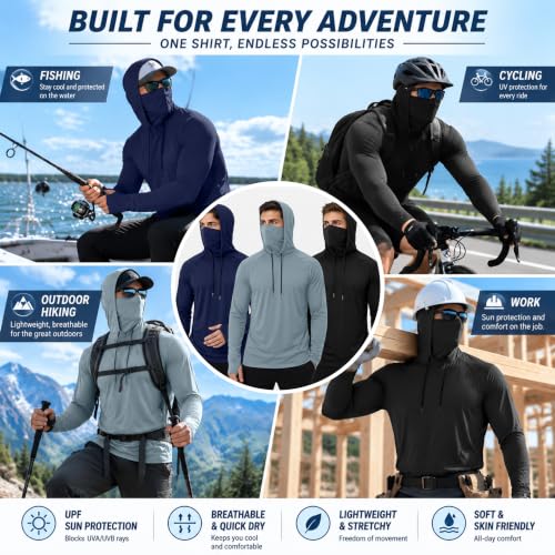 3 Pack Mens Fishing Shirt Sun Protection Hoodie with Face Mask