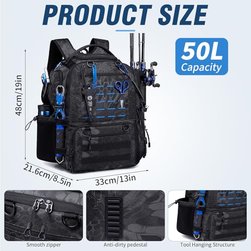 50L Fishing Backpack with Rod Holders (Black Camo)