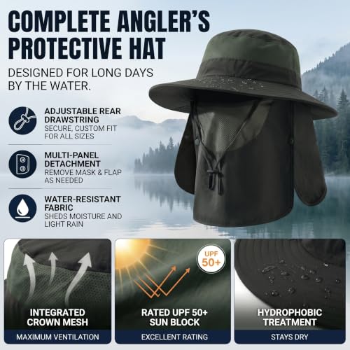 Men's Fishing Hat Sun Hat Boonie Hat UPF 50+ Wide Brim Outdoor Work Hat with Breathable Mesh & Chin Strap for Farm (Blue)