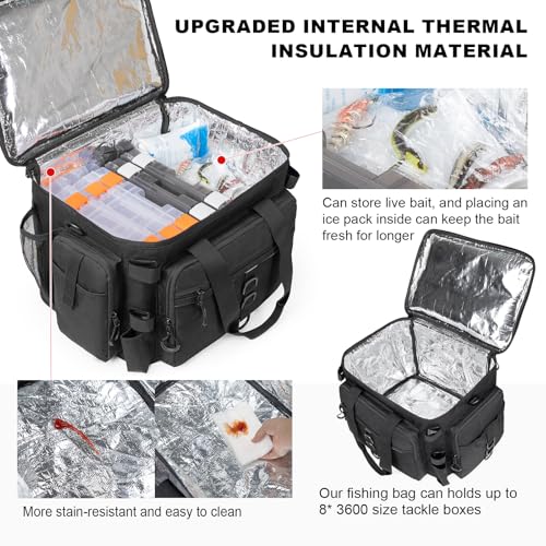 Fishing Tackle Bag with Rod Holders & Cooler Main Compartment (Black)