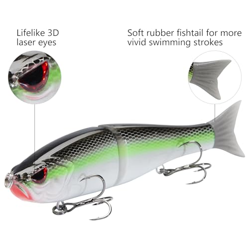 SwimShad Glide Baits Jointed Swimbait Bass Pike Salmon Trout Muskie Fishing Lure (Fluorescent White Shad +Emerald Shiner +Lake Chub / 7in/2.2oz)