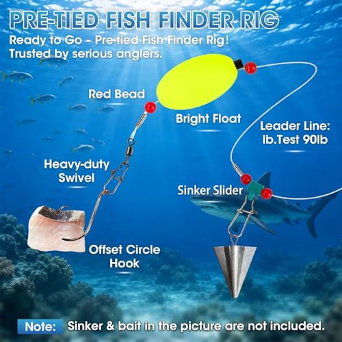 3/6PCS Pre-Tied Fish Finder Rig for Surf Fishing Saltwater Fish Finder Rigs for Shark Bluefish Stripers Bass Surf Fishing Tackle & Gear with 90LB Leader Line, Float, Circle Hook 6/0 8/0