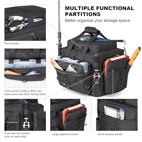 Fishing Tackle Bag with Rod Holders & Cooler Main Compartment (Black)