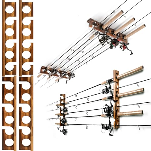 Holds Up to 12 Rods Fishing Pole Rod Racks Wall or Ceiling Mounted Fishing Pole Rod Holders for Garage Storage Organizer Fishing Gear Equipment for Men Women (Carbonization / 2 set holds up 12 rods)