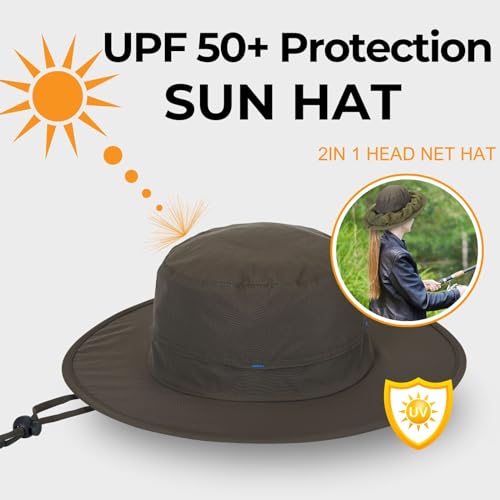 Mosquito Net Hat Safari Hat UPF 50+ Sun Protection Boonie Hats for Men with Neck Flap Fishing Hiking for Men (Medium-Large / Khaki Green)