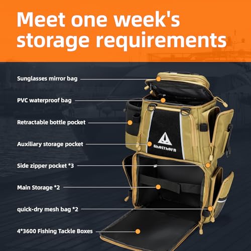 43L Fishing Tackle Backpack with 4 Tackle Boxes & Rod Holder (With 3600*4 Khaki (43l))