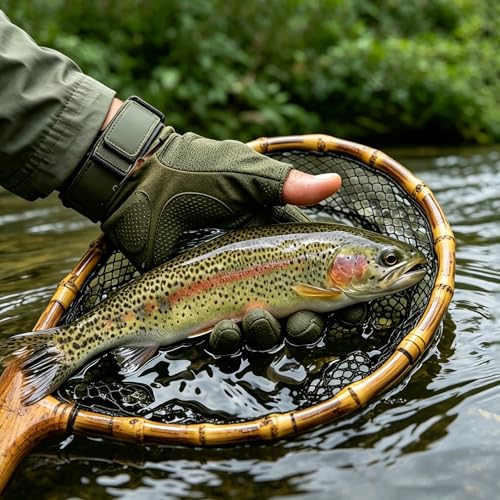 Floating Handcrafted Bamboo Fly Fishing Landing Net (Middle / Curved Handlebar / Glued mesh)