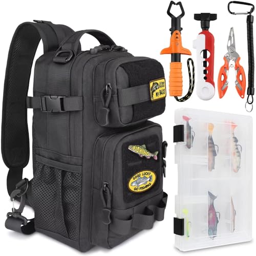 Small Fishing Backpack Fishing Sling Bag with 3600 Tackle Box Small Tackle Backpack with Tool Set Black (B: Fishing Tackle Backpack With Tool Set(black))