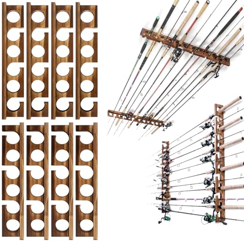 Holds Up to 24 Rods Fishing Pole Rod Racks Wall or Ceiling Mounted Fishing Pole Rod Holders for Garage Storage Organizer Fishing Gear Equipment for Men Women (Carbonization / 4 set holds up 24 rods)