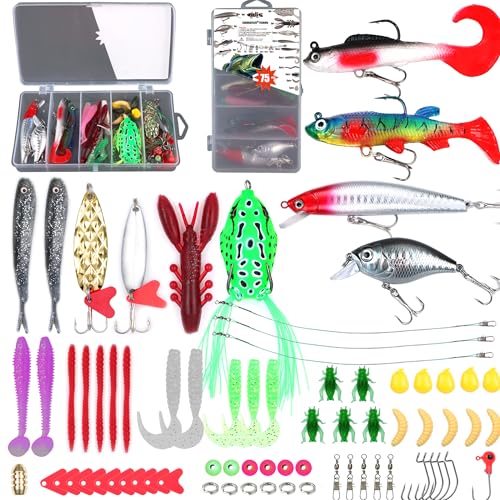 Fishing Gear fishingLure Fish Bait Soft Hard Lure Baits Tackle Box 75pcs Bass Trout Salmon Minnow Popper Crankbait Pencil Plastic Topwater Frogs Lure Lures Spinner (75pcs)