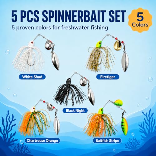 Fishing Spinner Lures (multi color 5pk (white, Black, 2 Green, Yellow)