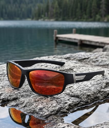 Sports Sunglasses for Men Women Polarized Classic Wrap Around Driving Cycling Golf Fishing Sun Glasses UV Protection 1 (1-black/Red Mirror Lens)