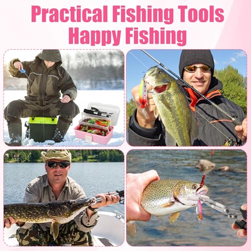 3 Layers Fishing Tackle Box 414 Pcs Fishing Gift Lures Gear Kit with Tackle Included Pliers Lip Gripper Bait Hook Accessories for Beginner Fisherman Women Men (Pink)
