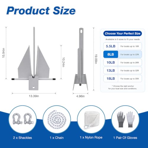 5.5/8/10/13/18 Zinc-Nickel Fluke Boat Anchor Kit, Danforth Anchor with Rope (8 lb (For Boat 12-22Ft))
