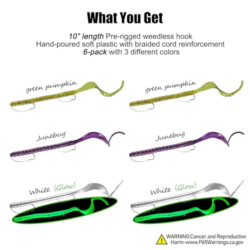 Weedless Fishing Lures Bass Lures (6 Pcs - Green Pumpkin, Junebug, Glow White)