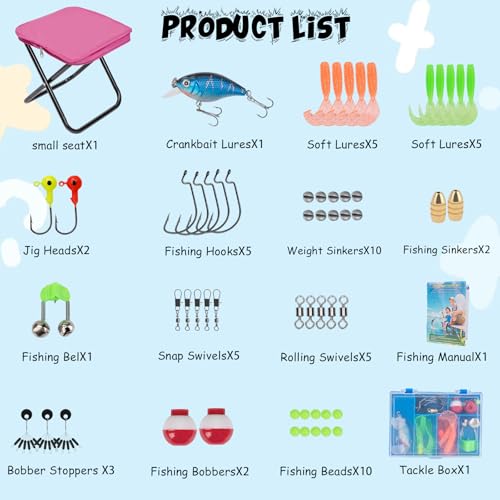 Kids Fishing Pole Set (Pink Pole Set with Folding Stool / 1.2M 3.9FT)