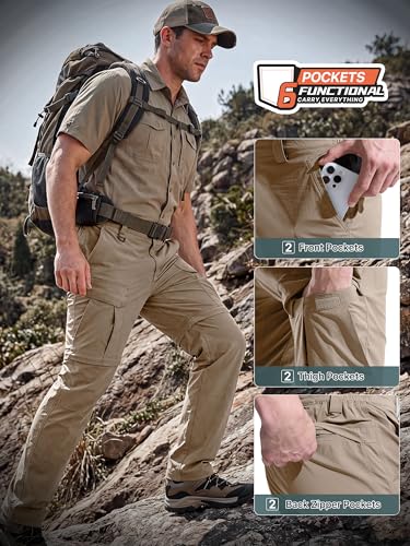 Mens Hiking Convertible Pants Zip Off Cargo Fishing Pants (Dark Khaki / 32)