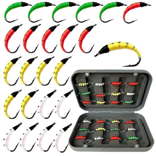 24Pcs Fly Fishing Flies Trout Lures Fishing Tackle Fly Fishing Flies with Boxed Trout Bass Artificial Fish Bait (24Pcs-Pupal Worms)