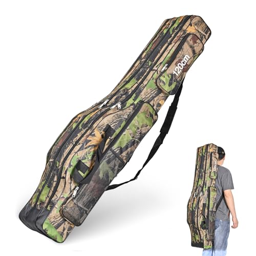 Portable 3 Layers Fishing Pole Bag Durable Oxford Folding Fishing Rod Reel Carry Case Tackle Storage Bag Case Waterproof Camouflage Travel Fishing Carrier (Yellow Camouflage / 47in)