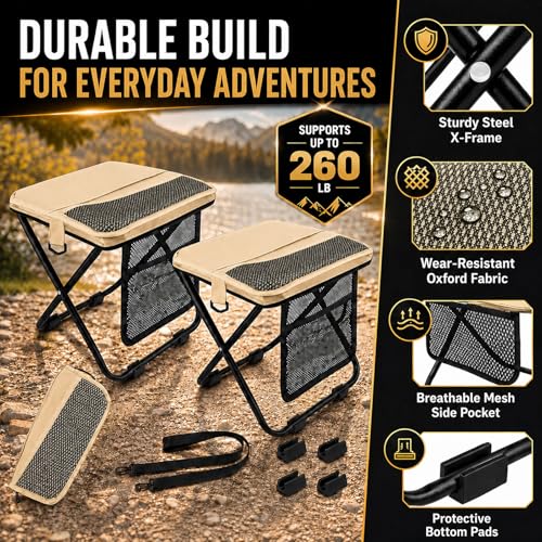 2 Pack Foldable Backpack Stool Portable Collapsible Pocket Chair (Khaki)